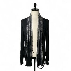 BKE  Black Lace Trim Open Front Cardigan Steampunk Mixed Media Distressed L
